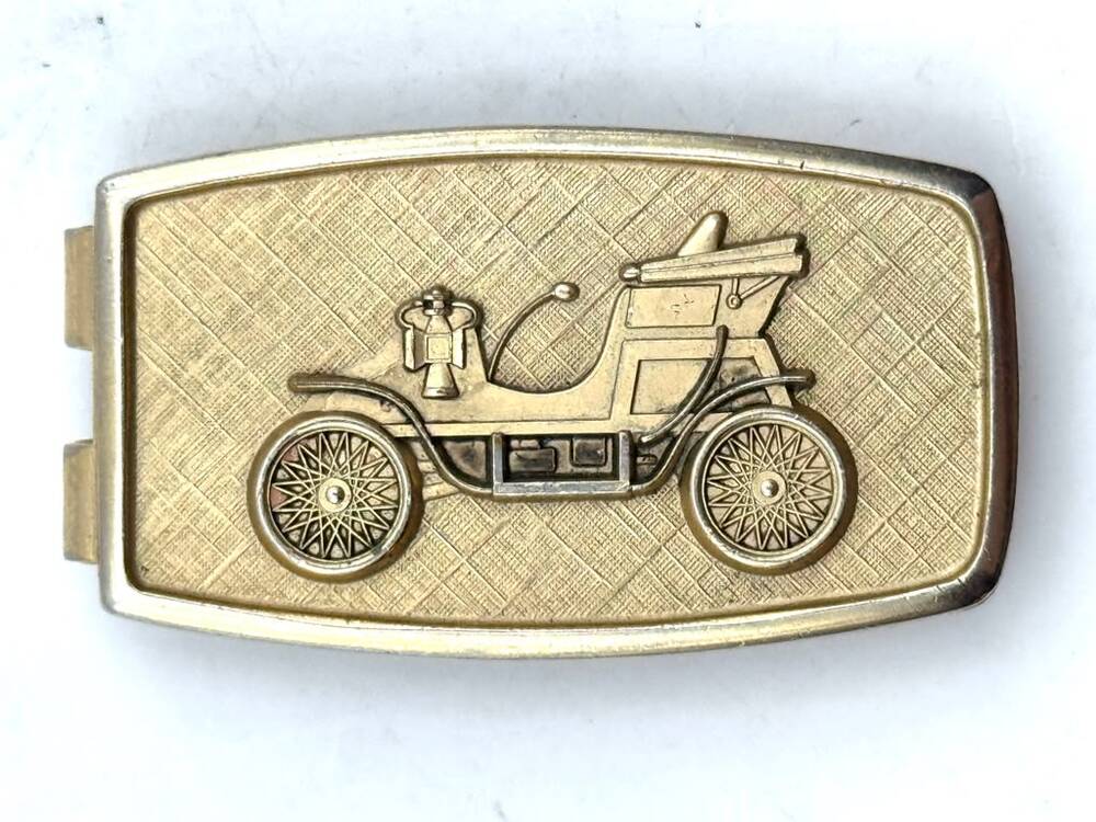 Vintage Anson Money Clip Antique Car Relief Crosshatch Gold Tone USA Pat Pend